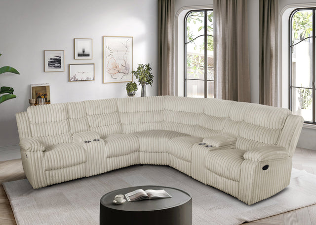 Calantha cream corduroy reclining sectional front angle