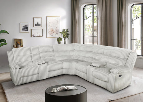 Calantha gray corduroy reclining sectional sofa front view