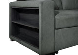 Close-up of bookcase integrated into sofa arm