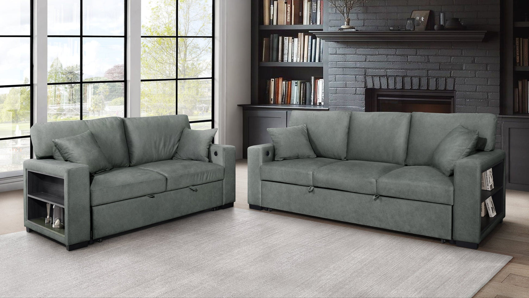 Front view of Bexley Gray sofa with pull-out bed