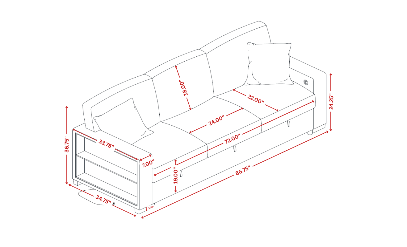 Bexley Grey Premium Fabric Sofa and Loveseat Set with Bookcase Arms and USB Ports view 11