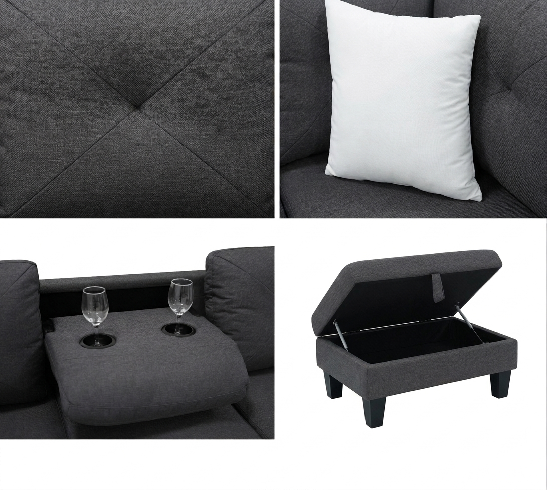 Star Dark Grey Fabric Sectional with Storage Ottoman and Drop-Down Table view 2
