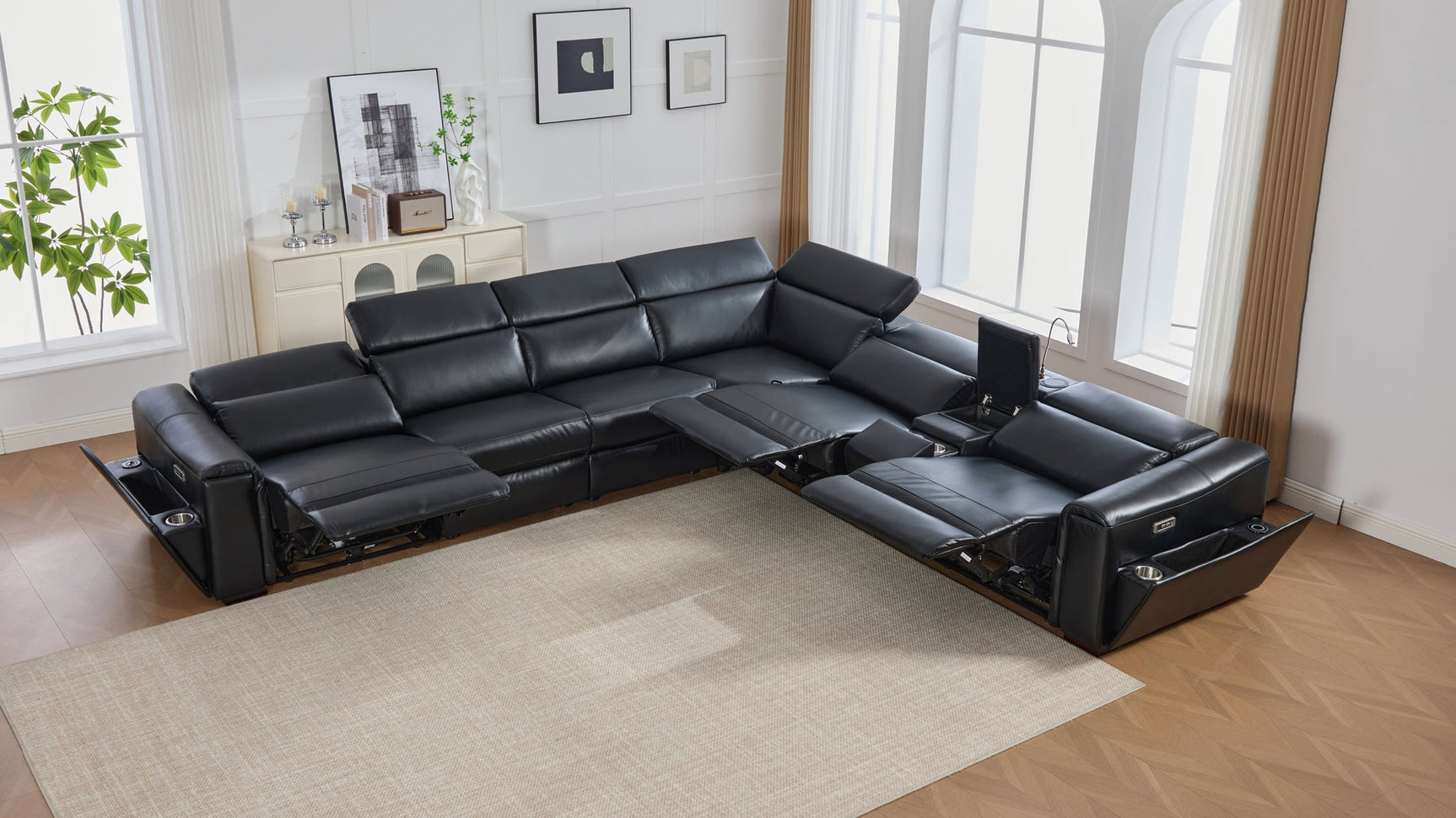 Close-up of Divani sectional black leather gel upholstery
