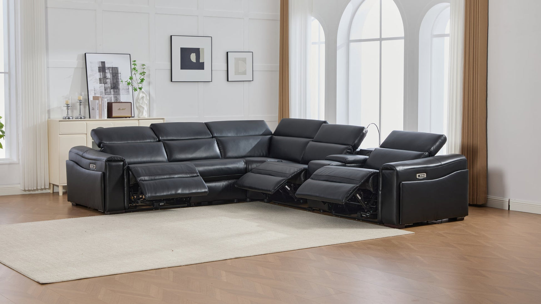 Hidden cup holder inside Divani sectional dual console