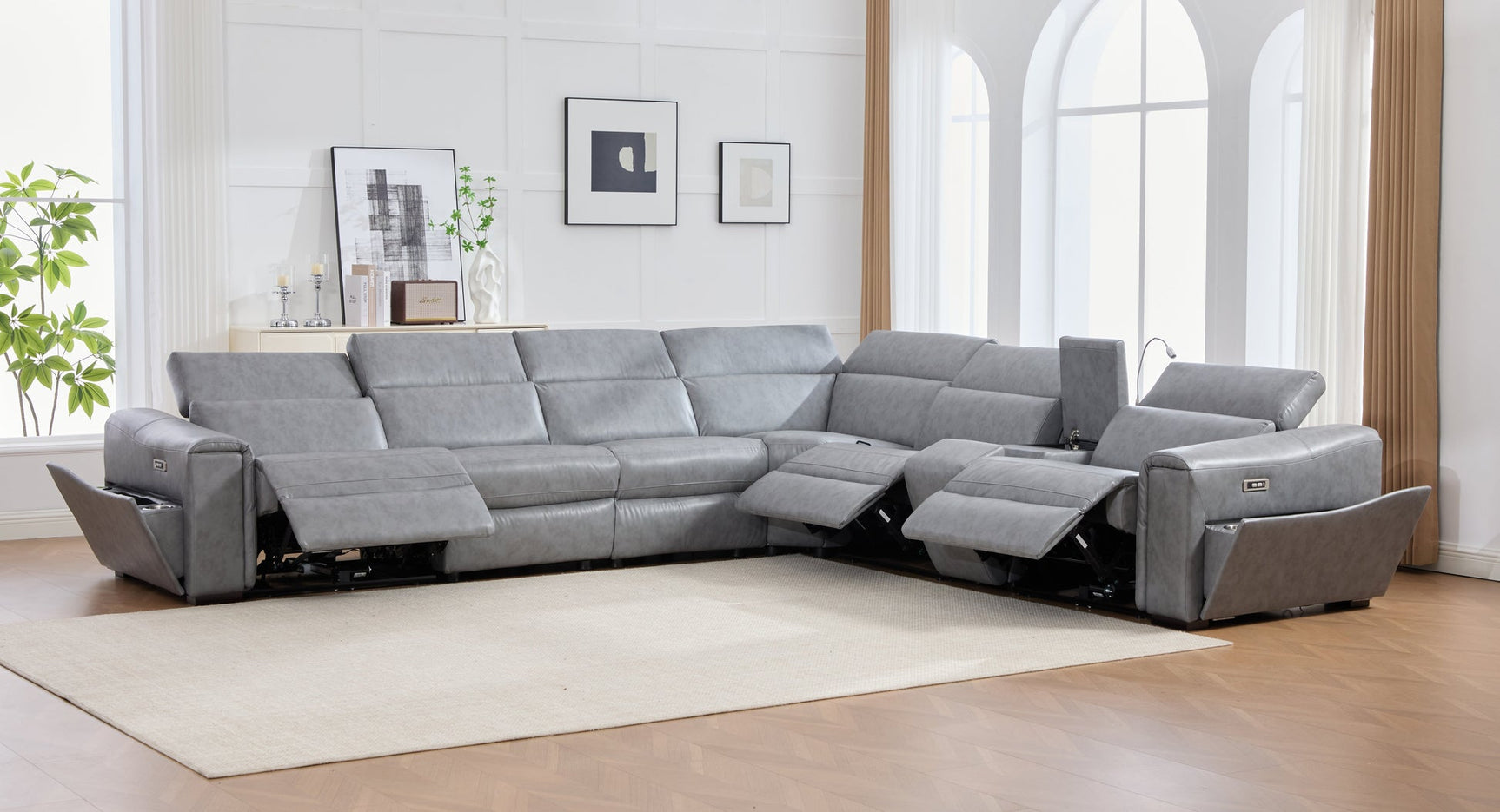 Divani grey leather gel power reclining sectional front view