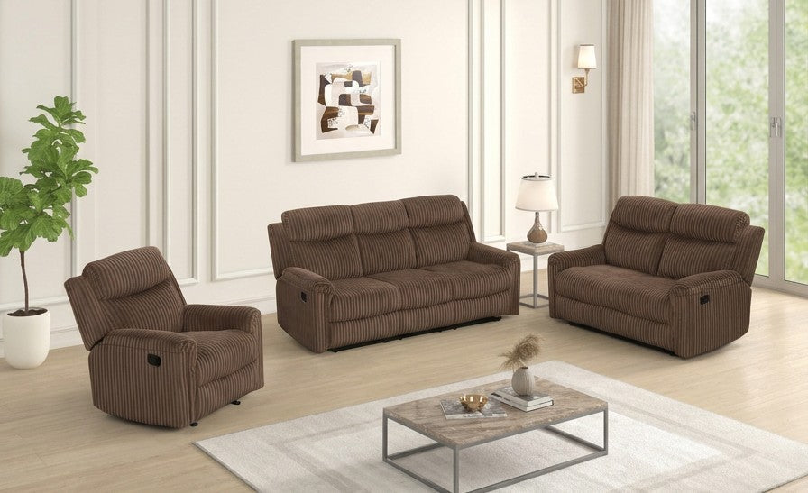 Grace Brown Corduroy Reclining Sofa with Drop-Down Table, Loveseat, and Glider Recliner Set view 2