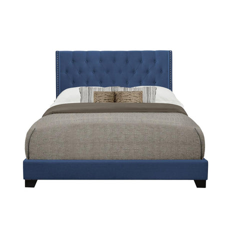 Barzini Blue Tufted Upholstered King Bed front view in blue velvet fabric