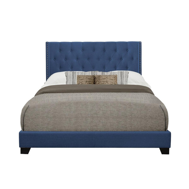 Barzini Blue Tufted Upholstered King Bed front view in blue velvet fabric