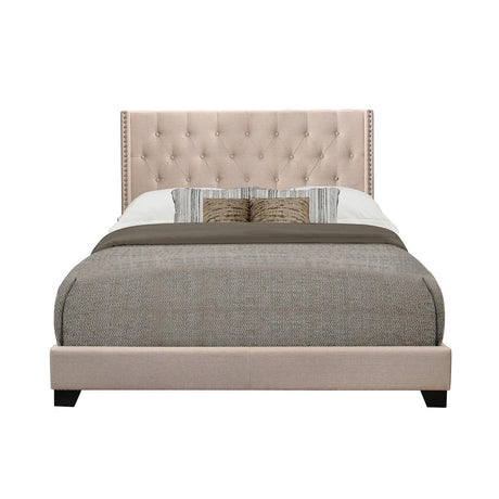 Baker Full Platform Bed side view showing beige tufted headboard and storage drawers