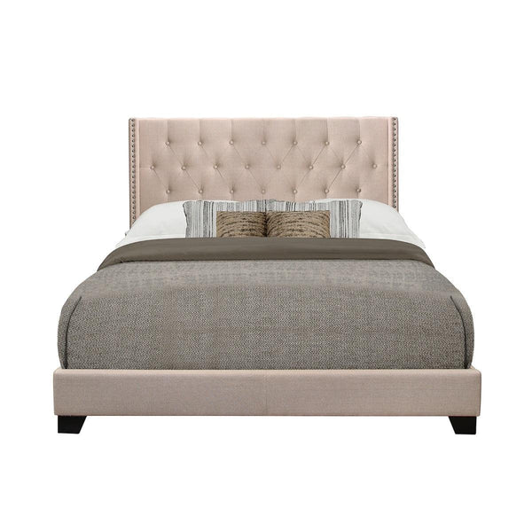 Baker Full Platform Bed side view showing beige tufted headboard and storage drawers
