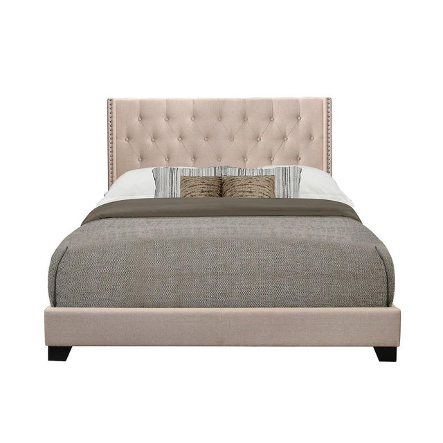 Baker Full Platform Bed side view showing beige tufted headboard and storage drawers