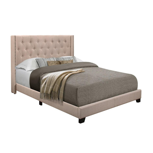 Baker Full Platform Bed angled view highlighting storage drawers and beige upholstery