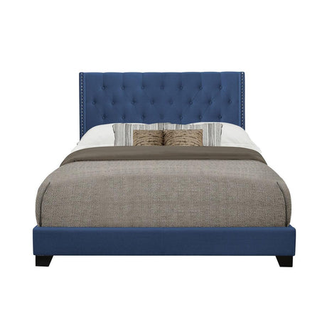 Baker Blue tufted fabric full platform bed front angle showing headboard and footboard drawers