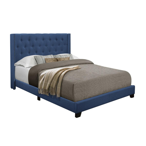 Side view of Baker Blue full platform bed with fabric upholstery and storage drawers