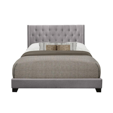 Baker Grey Tufted Fabric Full Platform Bed side view showing tufted headboard