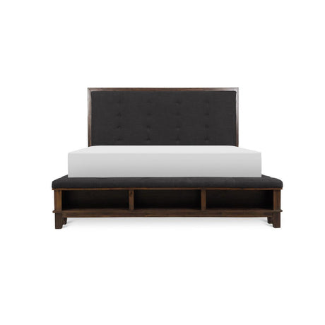 Front view of brown velvet upholstered tufted queen bed with solid wood shelves