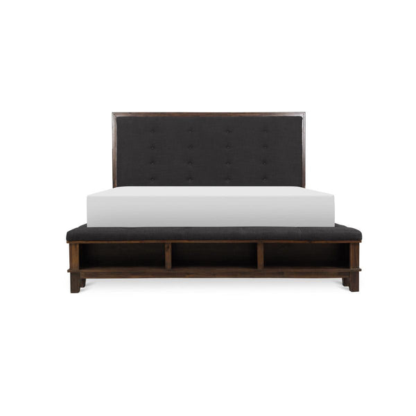 Front view of brown velvet upholstered tufted queen bed with solid wood shelves