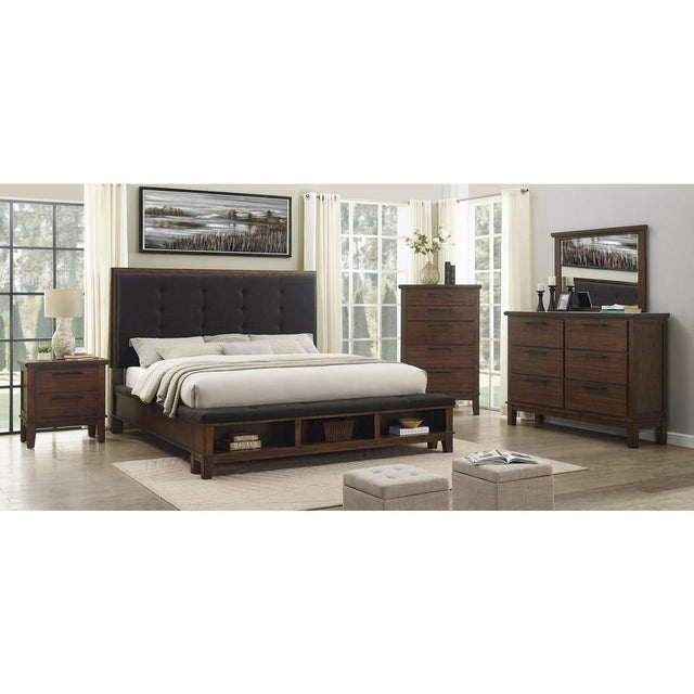 Queen bed with tufted upholstered headboard in brown finish