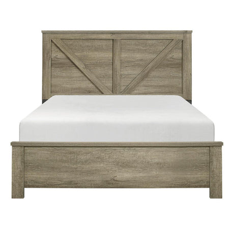 Gray oak full panel bed angled front view
