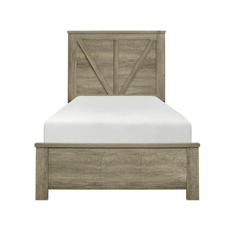 Gray panel twin bed with 4 wooden slats, front view