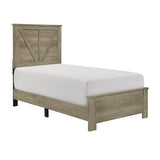 Side view of gray panel twin bed showing wood and veneers finish