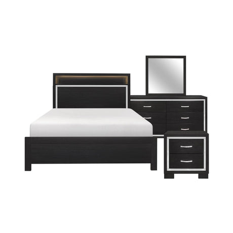 Bellante Black Queen Bed with tufted upholstered headboard and LED lighting - front view
