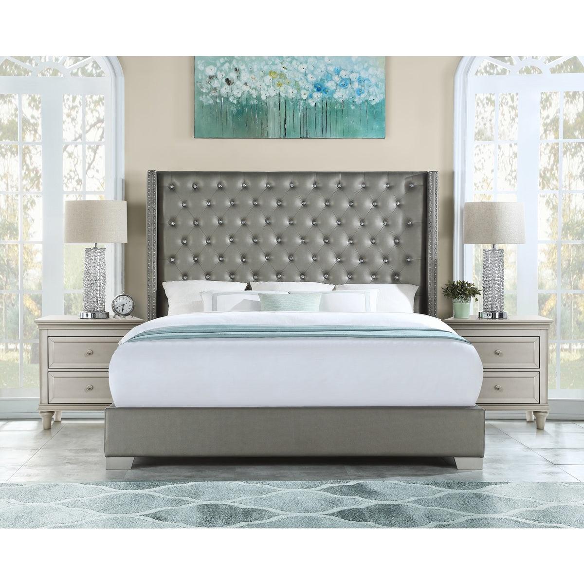 Jacklyn Silver Modern Contemporary Solid Wood Faux Leather Upholstered Tufted Queen Panel Bed - Ella Furniture