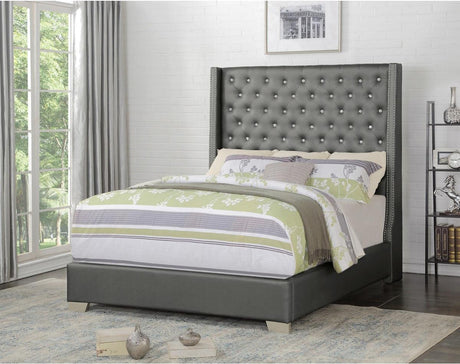 Jacklyn Silver Faux Leather Tufted Queen Panel Bed close-up view