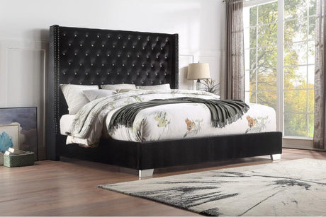 Close-up of tufted black faux leather headboard