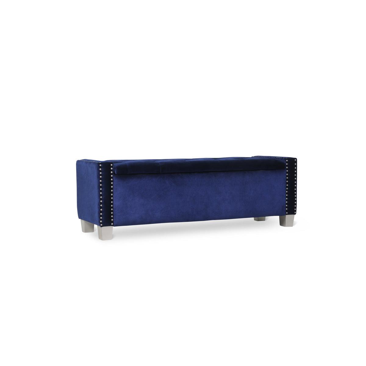Top view of blue velvet tufted storage bench highlighting plush upholstery