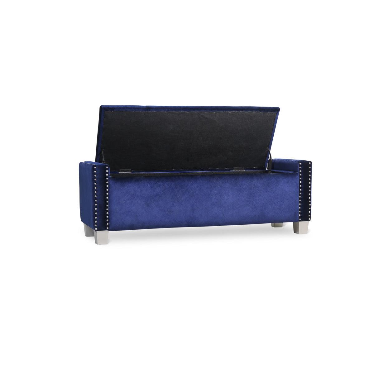 Blue velvet storage bench close-up of tufted upholstery and stitching details