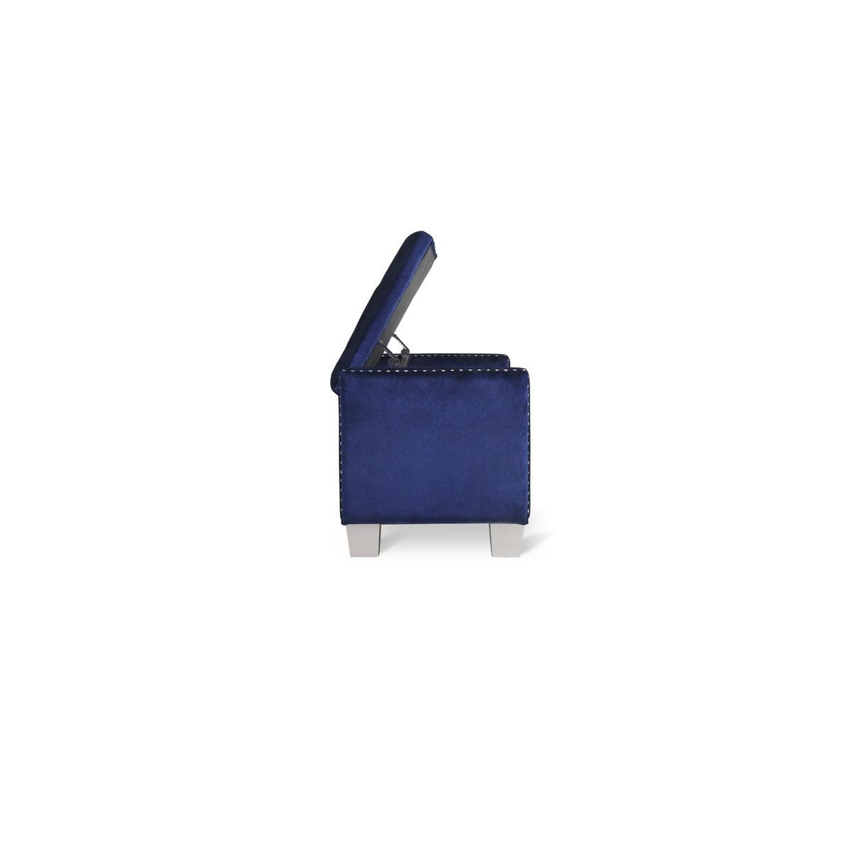 Blue velvet bench showing profile and leg design