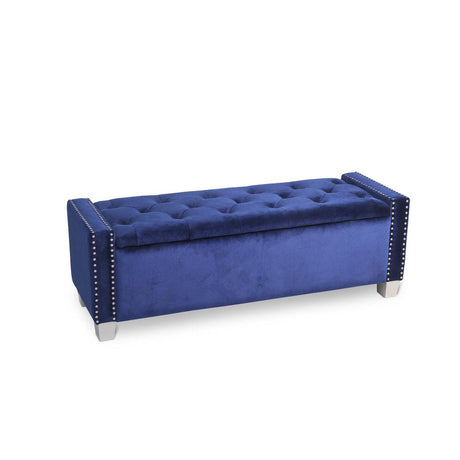 Blue velvet tufted storage bench front view showing solid wood legs and velvet upholstery