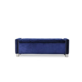Side angle of blue tufted storage bench with visible storage compartment