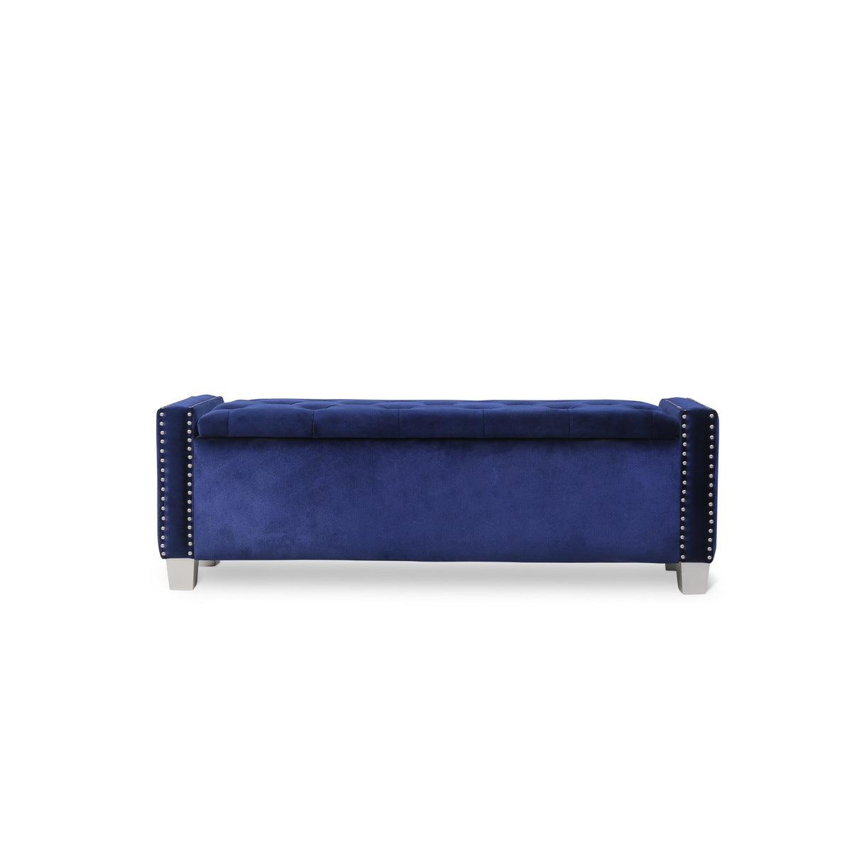 Side angle of blue tufted storage bench with visible storage compartment