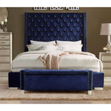 Blue velvet tufted storage bench angled view on hardwood floor