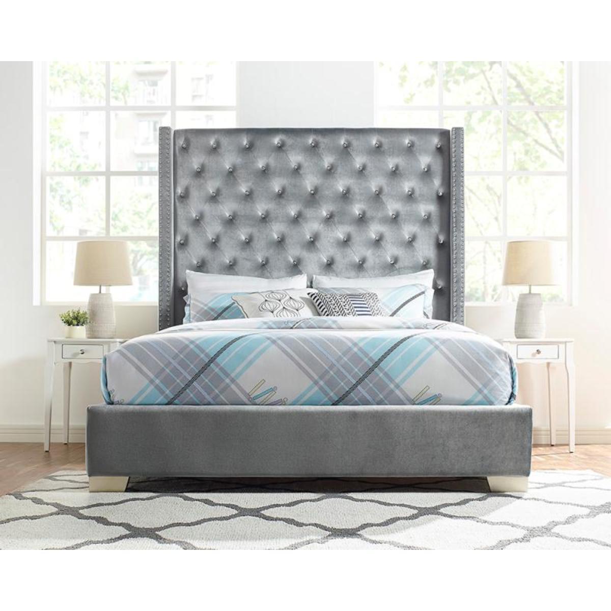 Jacklyn Gray queen panel bed showing button tufting detail