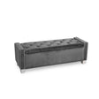 Grey velvet tufted storage bench front view