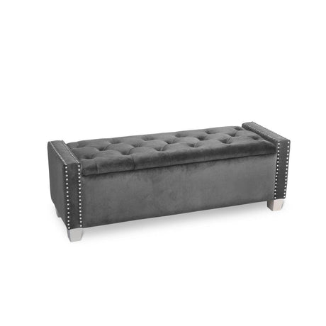 Grey velvet tufted storage bench front view