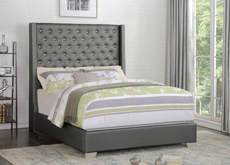 Jacklyn Silver King Faux Leather Tufted Panel Bed close-up headboard