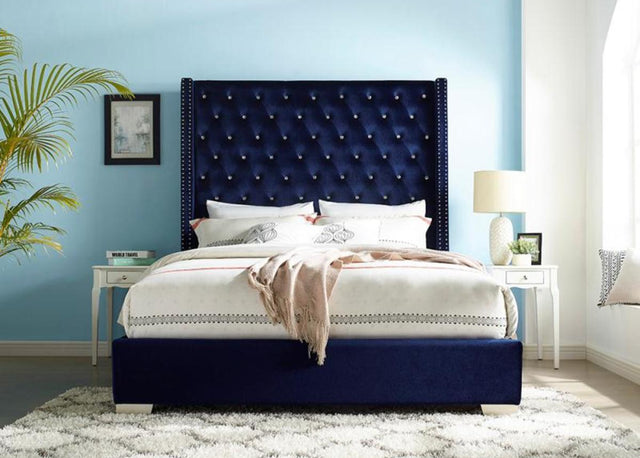 Blue tufted faux leather upholstered king bed frame with solid wood