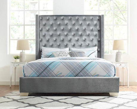 Jacklyn Gray gray tufted faux leather king panel bed - side angle