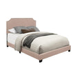 Side view of Miranda Beige Queen Upholstered Bed with fabric upholstery and wooden slatted base