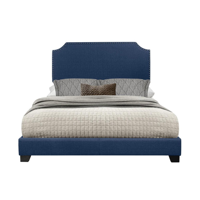 Miranda Blue Queen Upholstered Bed angled view showcasing headboard and storage drawers