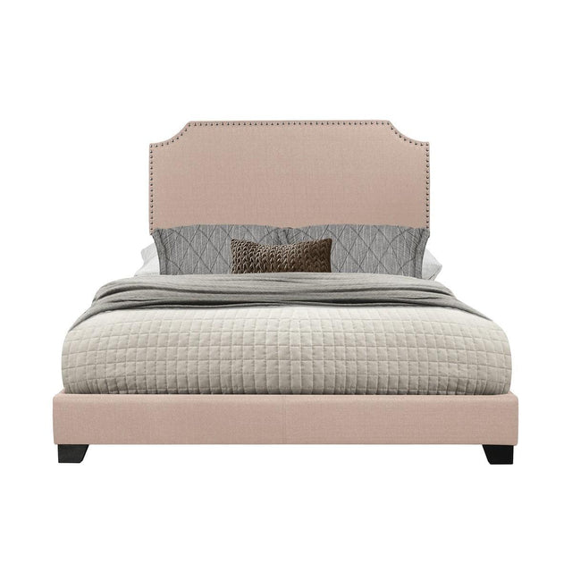 Miranda Beige Full Upholstered Bed angled view showing slatted headboard