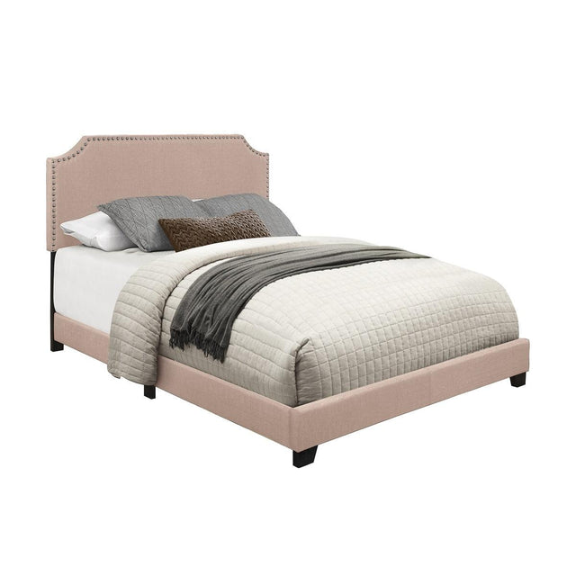 Side view of Miranda Beige Full Upholstered Bed with beige fabric and solid wood frame