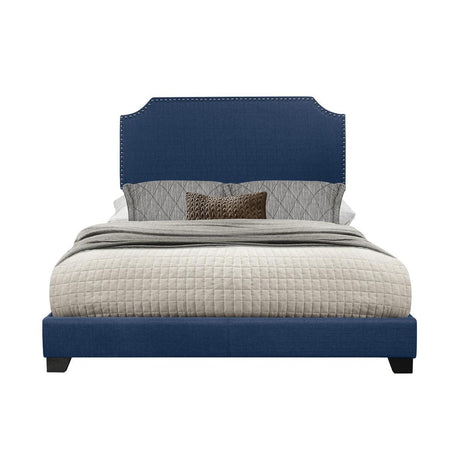 Miranda Blue Fabric Full Upholstered Bed - angled front view showing tufted headboard
