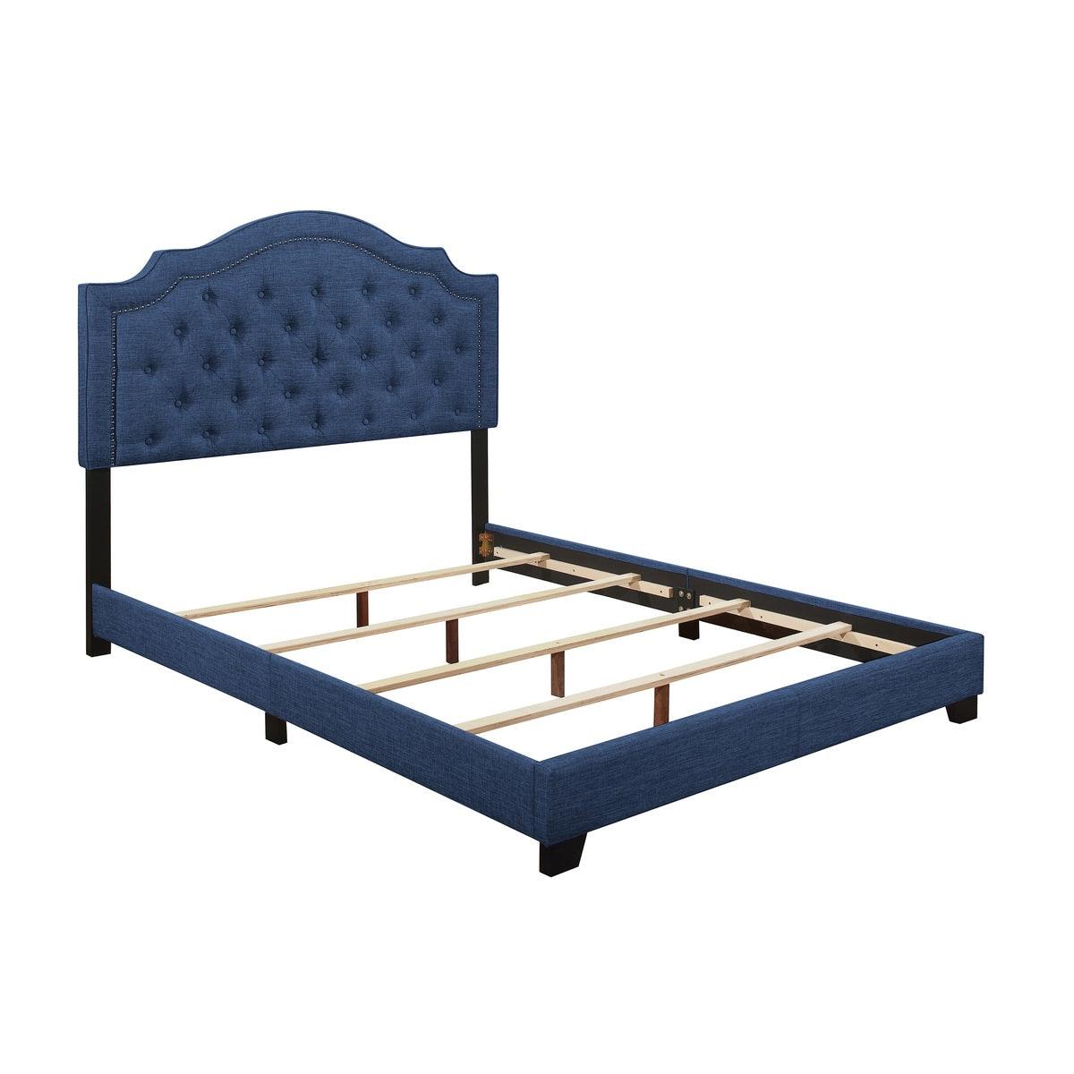 Side view showing storage drawers on blue upholstered queen bed