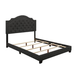 Sandy dark gray queen upholstered tufted bed close-up of tufted headboard