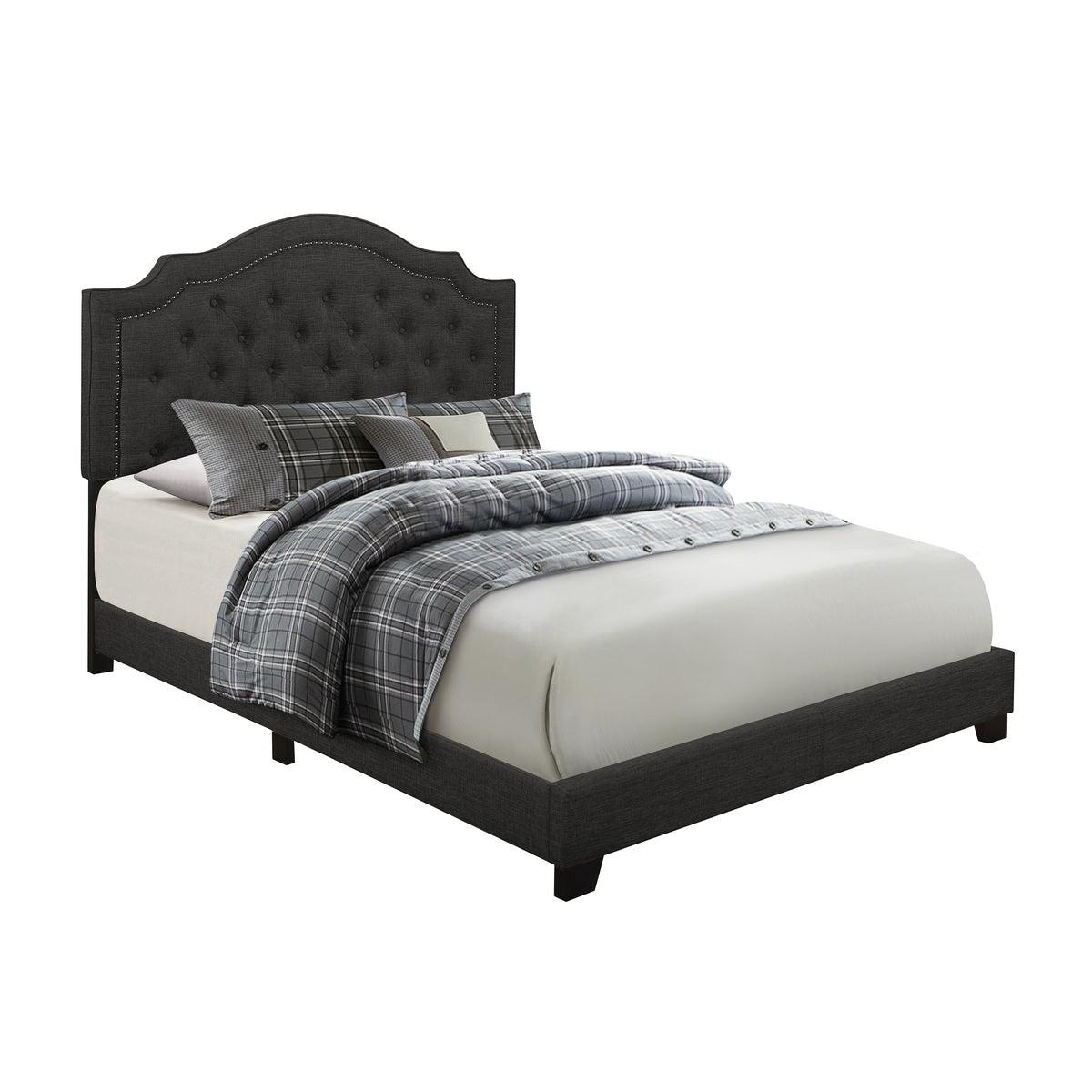 Sandy dark gray tufted full fabric upholstered bed headboard detail